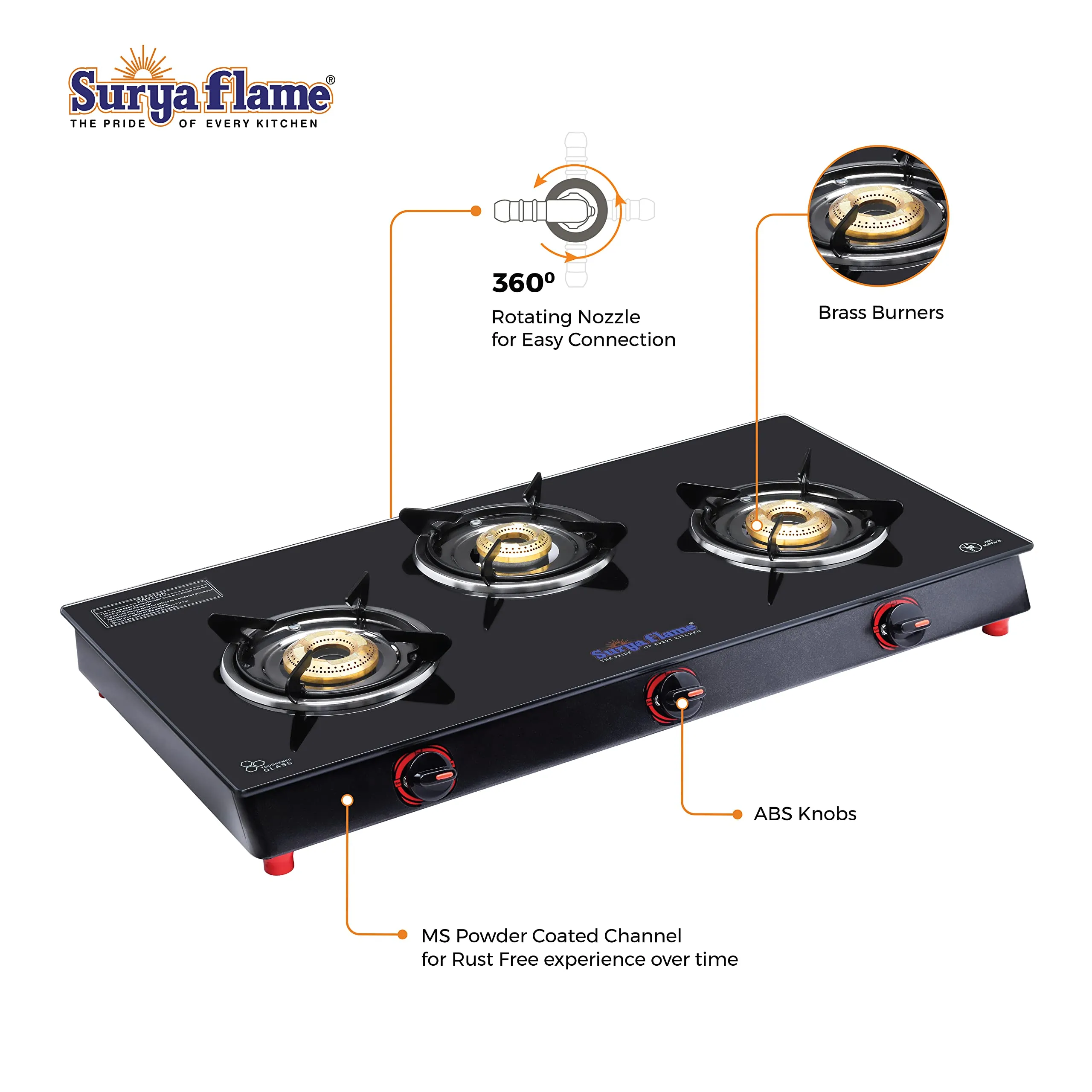 Surya Flame Smart Gas Stove 3 Burners Glass Top LPG Stove | LPG Gas Dual Layer Rubber Hose Pipe 1.5M | Stainless Steel Elegant Gas Stove Lighter With Knife, Peeler Knife and Shredder (Pack of 4)