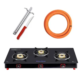 Surya Flame Smart Gas Stove 3 Burners Glass Top PNG Stove | LPG Gas Dual Layer Rubber Hose Pipe 1.5M | Premier Stainless Steel Gas Lighter with Knife