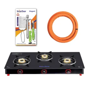 Surya Flame Smart Gas Stove 3 Burners Glass Top PNG Stove | LPG Gas Dual Layer Rubber Hose Pipe 1.5M | Stainless Steel Elegant Gas Stove Lighter With Knife, Peeler Knife and Shredder (Pack of 4)