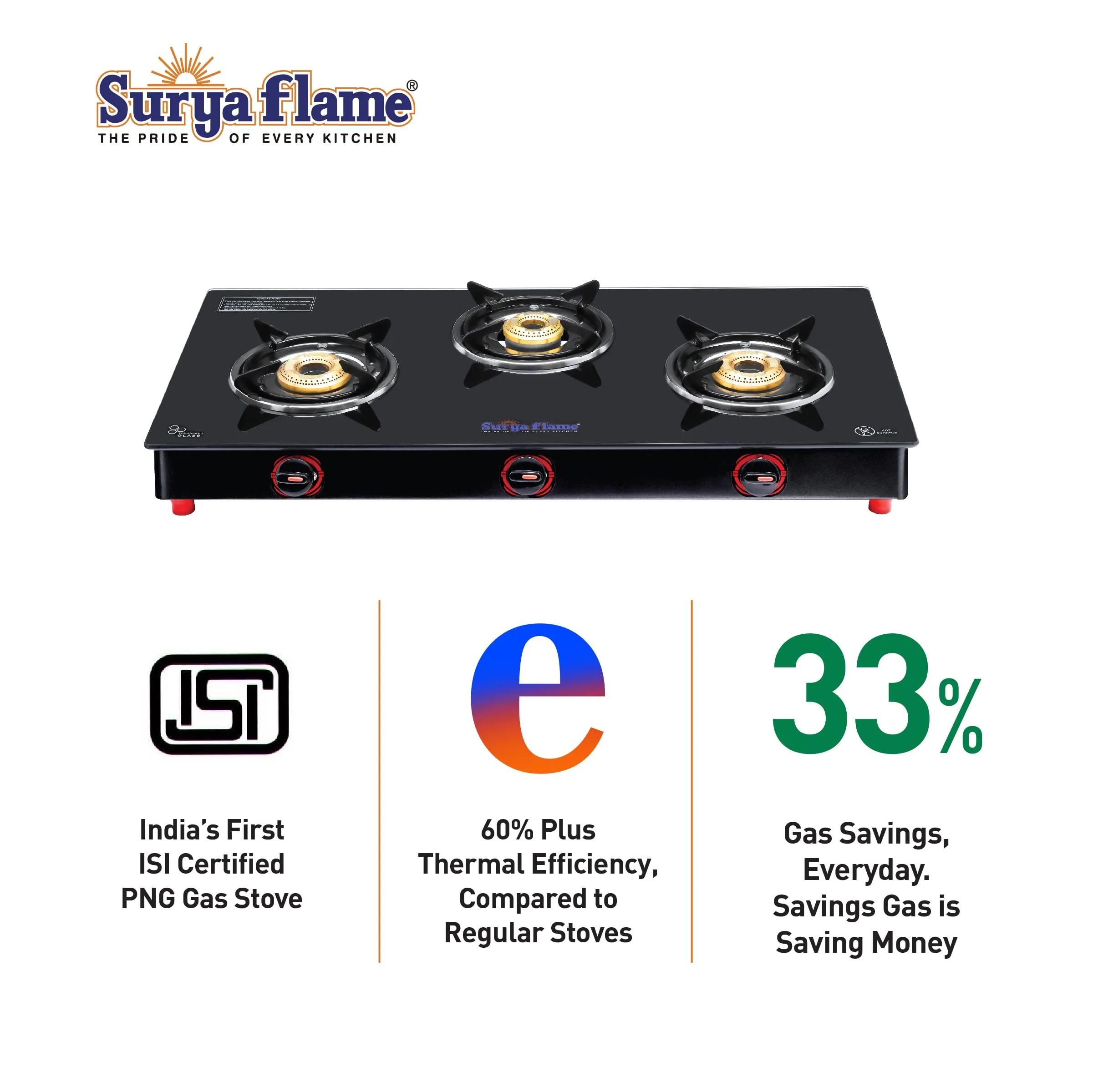 Surya Flame Smart Gas Stove 3 Burners Glass Top PNG Stove | LPG Gas Dual Layer Rubber Hose Pipe 1.5M | Stainless Steel Elegant Gas Stove Lighter With Knife, Peeler Knife and Shredder (Pack of 4)