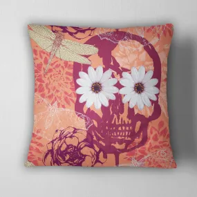 Tangerine Skull Daisy & Dragonfly Throw Pillow