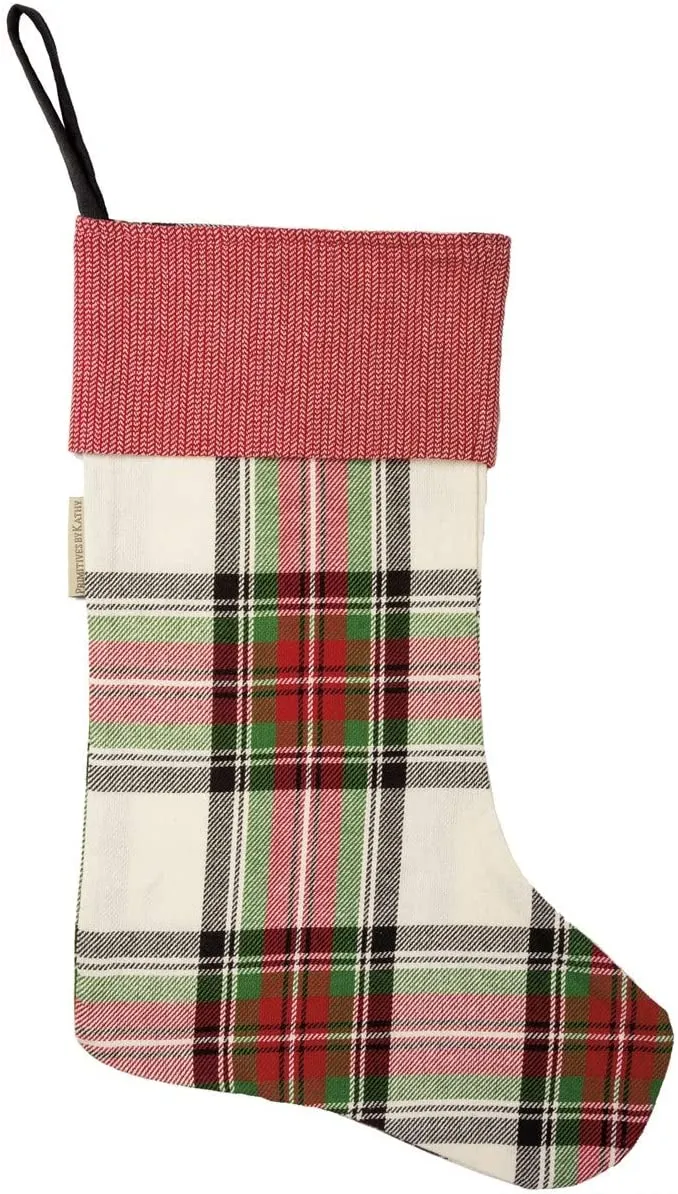 Tartan Plaid Christmas Stocking - 20" H, 8" W, Beige, Red, Green, Red Cuff