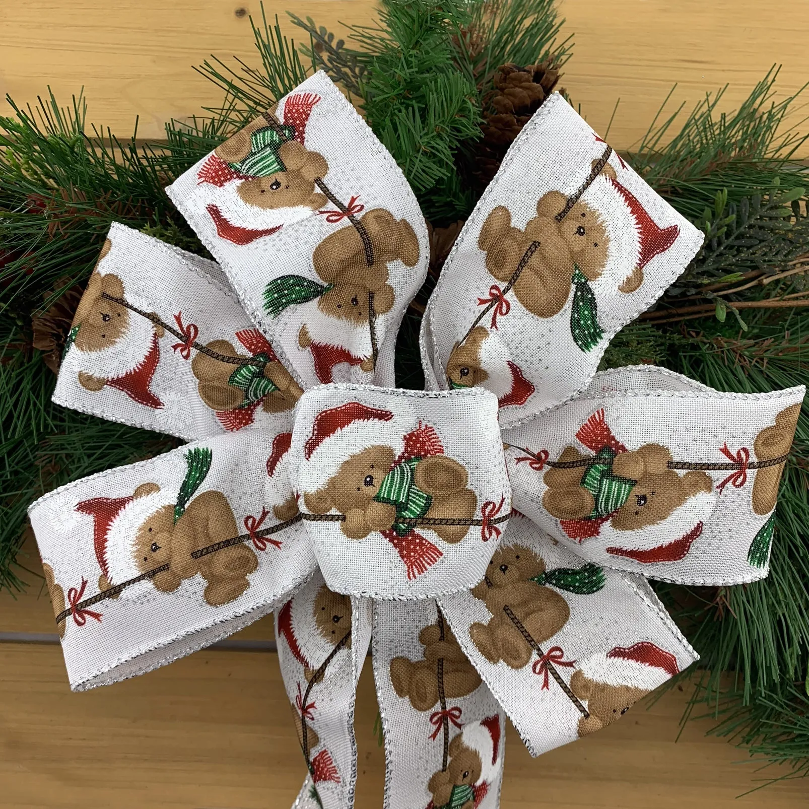 Teddy Bear Christmas Wreath Bow - 10" Wide, 18" Long