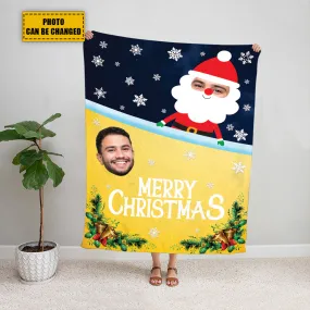 Teesdily | Merry Christmas Custom Photo Throw Blanket Santa Claus Gift Sherpa Fleece Blanket With Picture Funny Christmas Gift For Family Friends