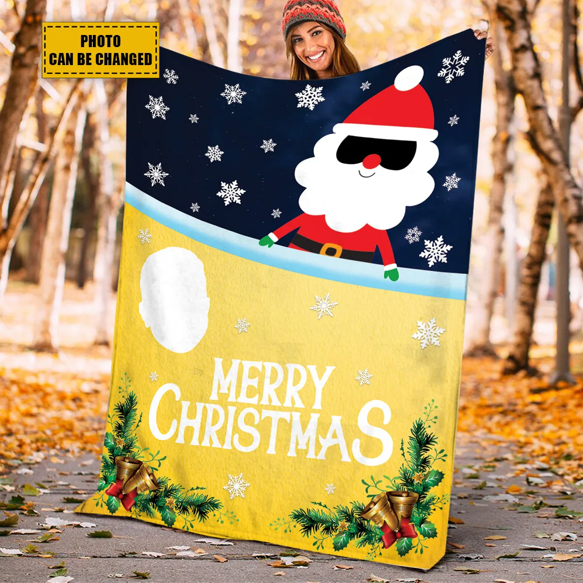 Teesdily | Merry Christmas Custom Photo Throw Blanket Santa Claus Gift Sherpa Fleece Blanket With Picture Funny Christmas Gift For Family Friends