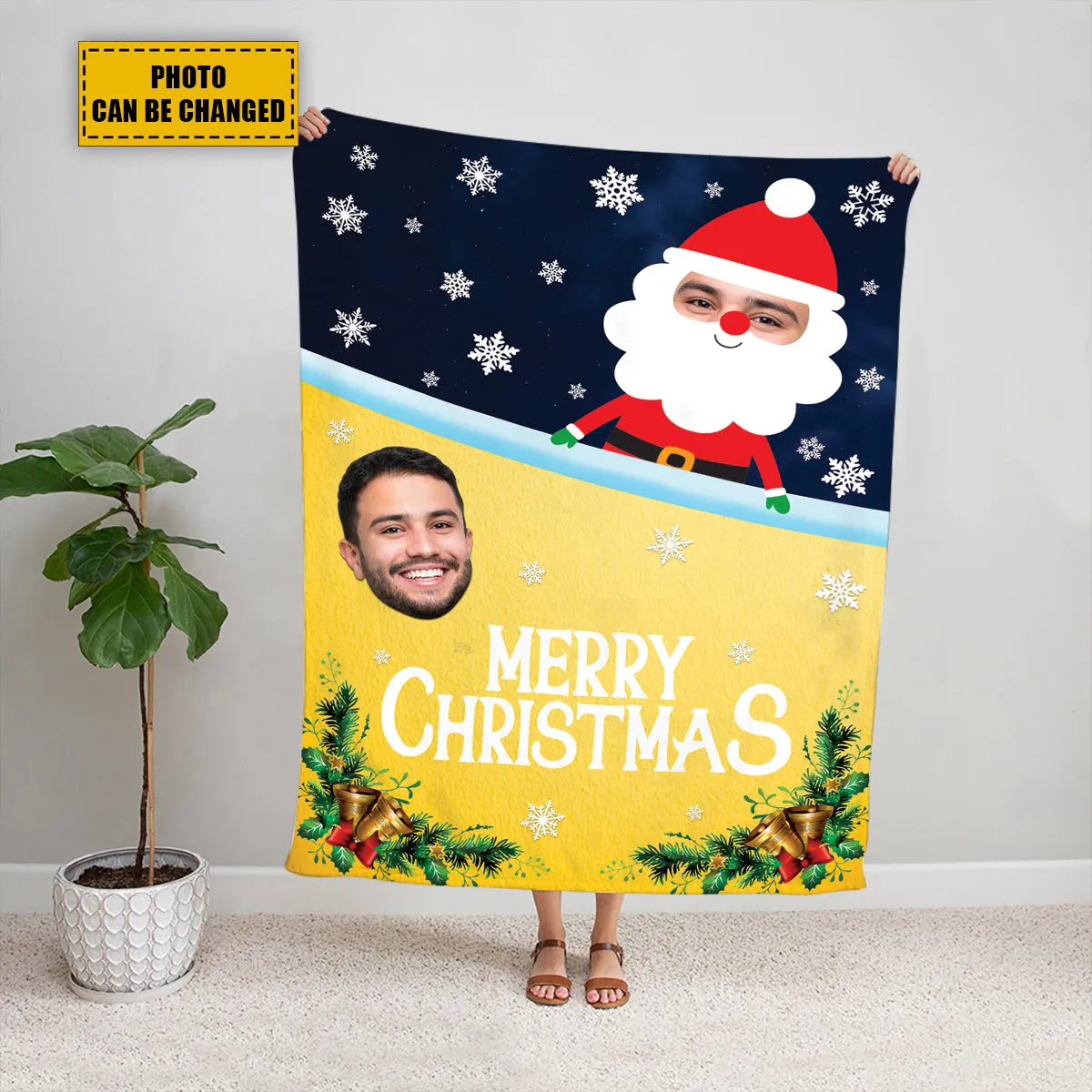 Teesdily | Merry Christmas Custom Photo Throw Blanket Santa Claus Gift Sherpa Fleece Blanket With Picture Funny Christmas Gift For Family Friends