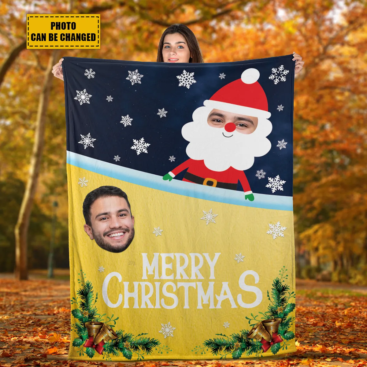 Teesdily | Merry Christmas Custom Photo Throw Blanket Santa Claus Gift Sherpa Fleece Blanket With Picture Funny Christmas Gift For Family Friends