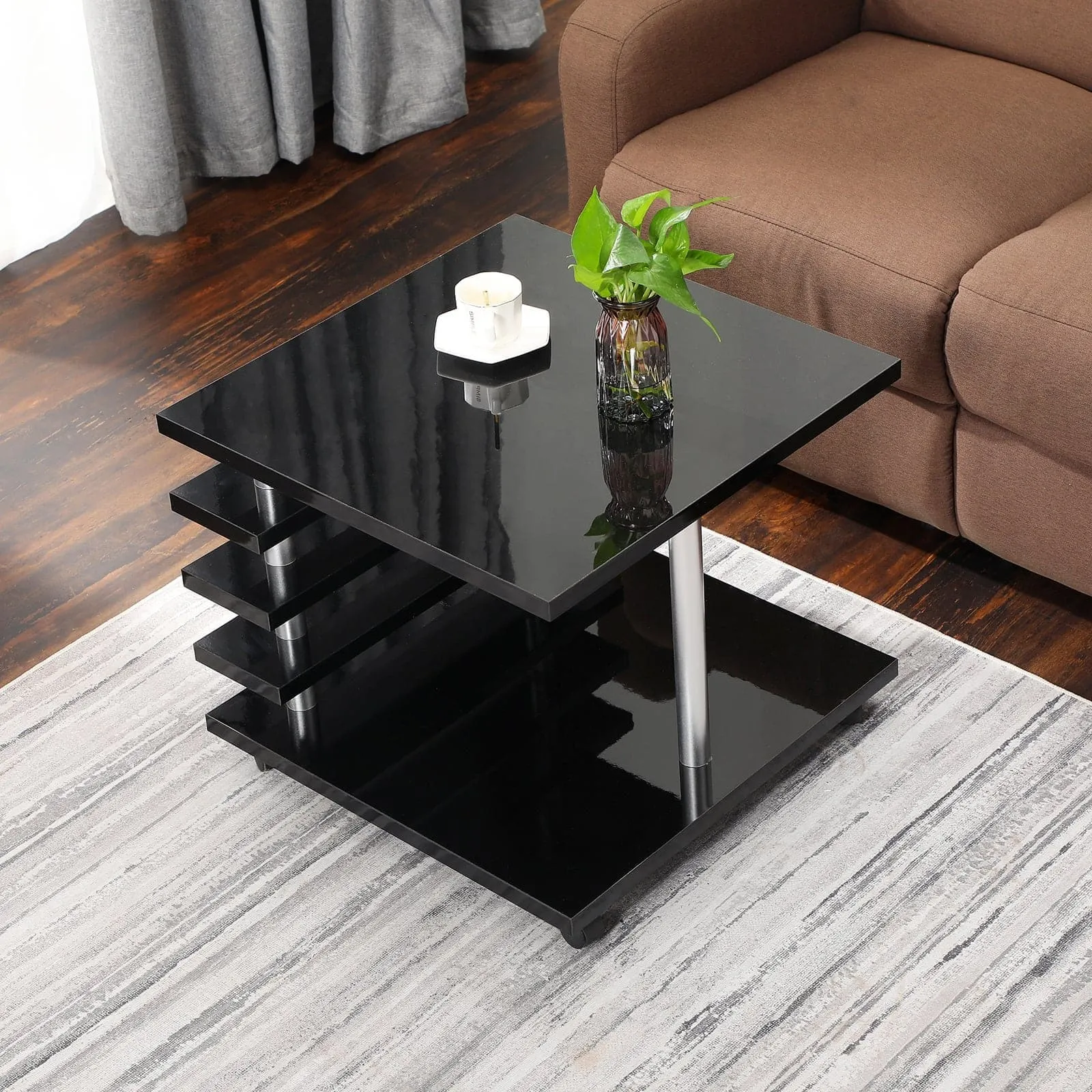 TFC&H Co. Mobile Coffee Table with LED light & Remote Control - Black- Ships from The US