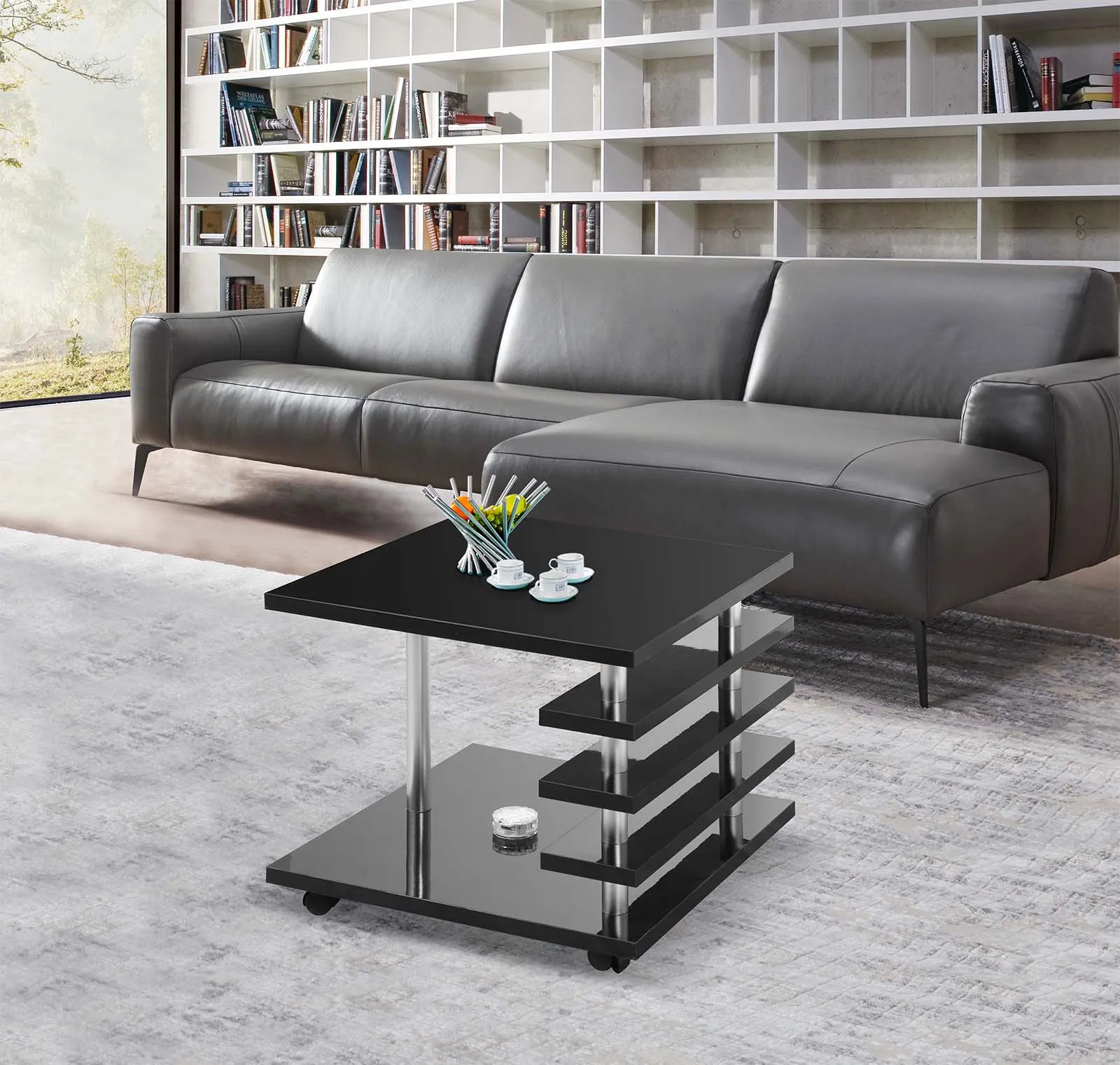 TFC&H Co. Mobile Coffee Table with LED light & Remote Control - Black- Ships from The US