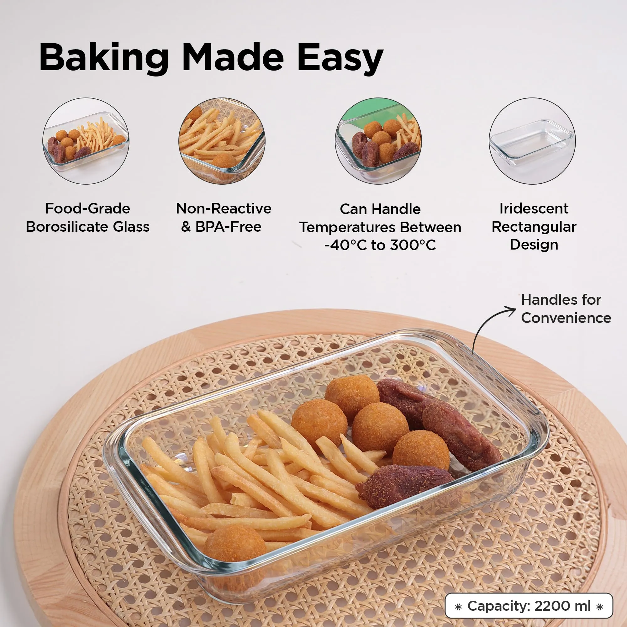 UMAI Borosilicate Printed Glass Baking Tray | Transparent Microwave Oven Safe Utensils | Rectangular Bread Moulds for Baking | Dishwasher & Freezer Safe | Multipurpose use Serving Tray (2.2L - Plain)