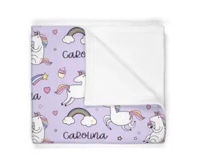 Unicorn Name Blanket - Custom blanket with name - Purple Unicorns Blanket