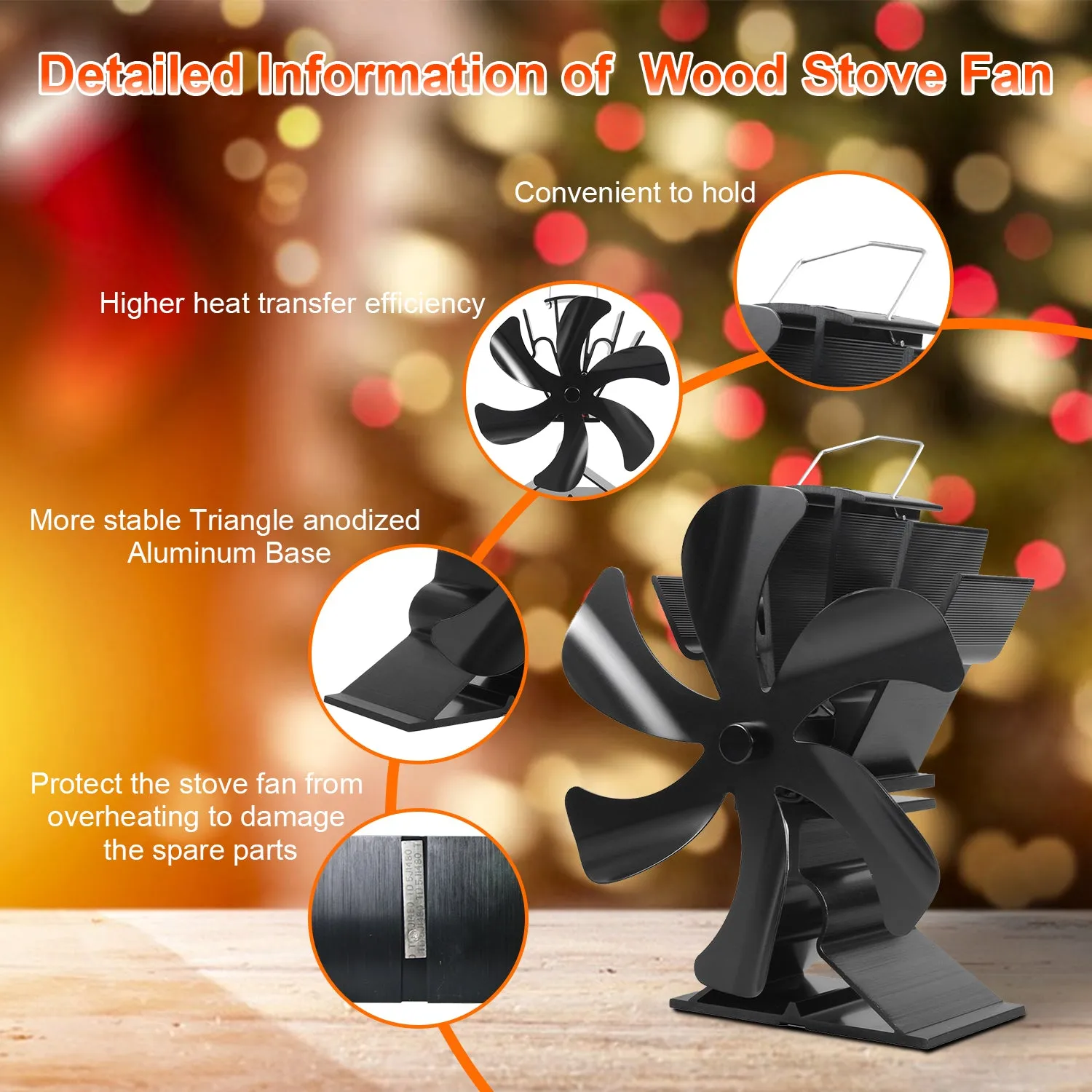 VODA Wood Burner Stove Fan Heat Powered Stove Fan with Bracket for Buddy Heater/Pellet/Wood stove/Fireplace