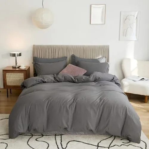 Washable Cotton 6 Piece King Size Duvet Cover Plain Design, Plain Dark Gray Color.