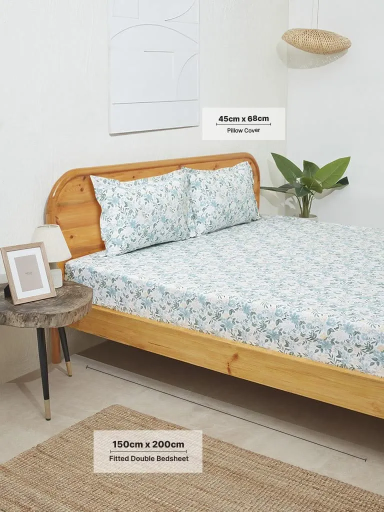 Westside Home Blue Floral Print Double Bed Fitted Sheet and Pillowcase Set