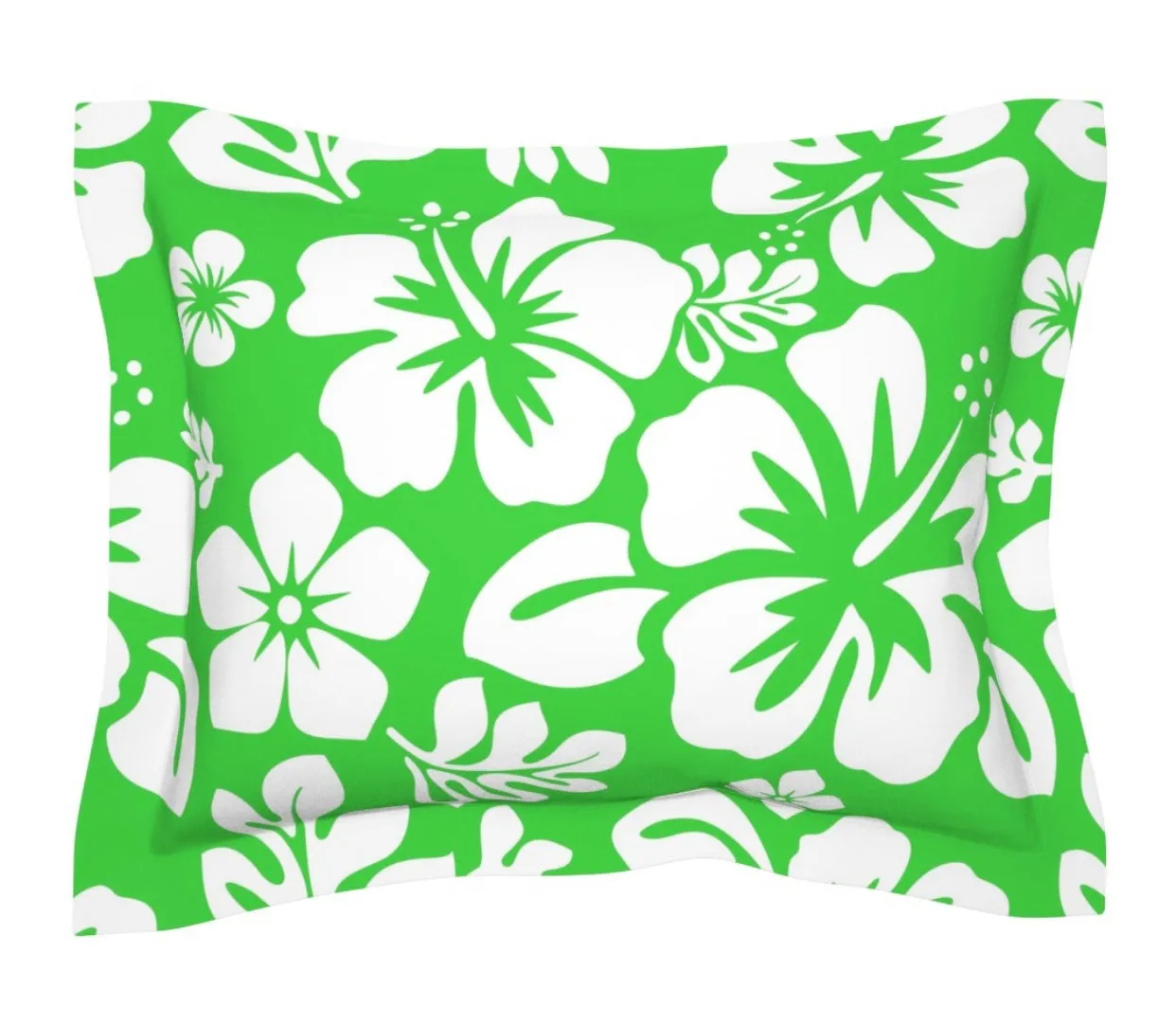 White on Lime Green Hawaiian Hibiscus Flowers Pillow Sham