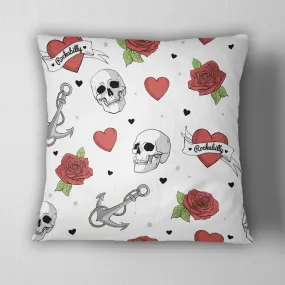 White Rockabilly Heart Skull Anchor Throw Pillow