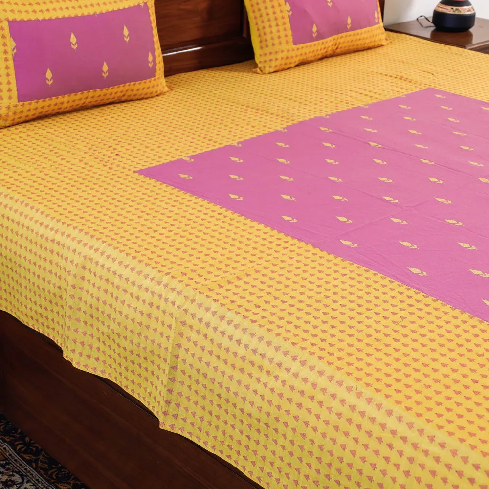 Yellow - Jacquard Patchwork Cotton Double Bed Cover with Pillow Covers (106 x 83 in)